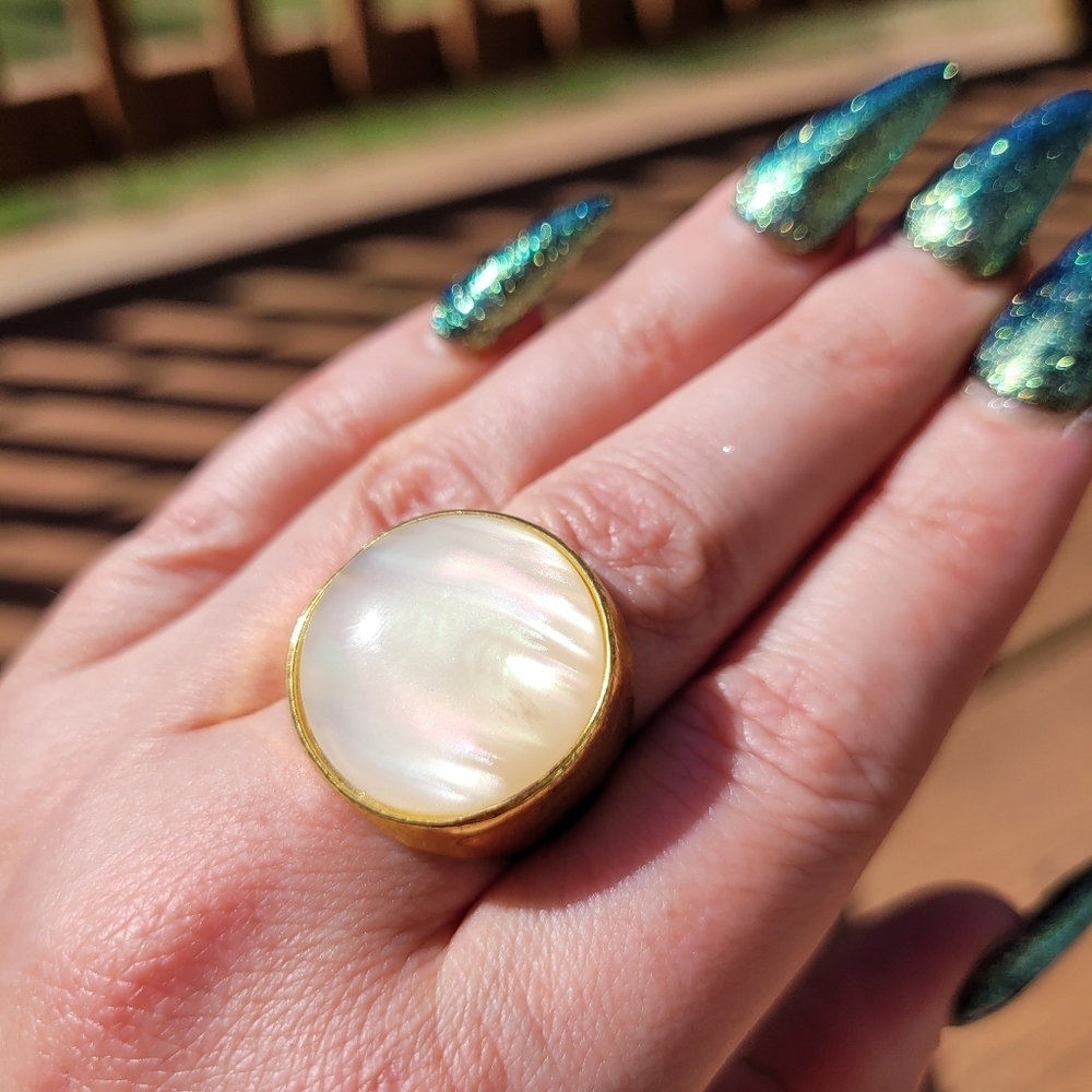 Mother Of Pearl Titanium Gold Plated Chunky Ring - Picture 10 of 16